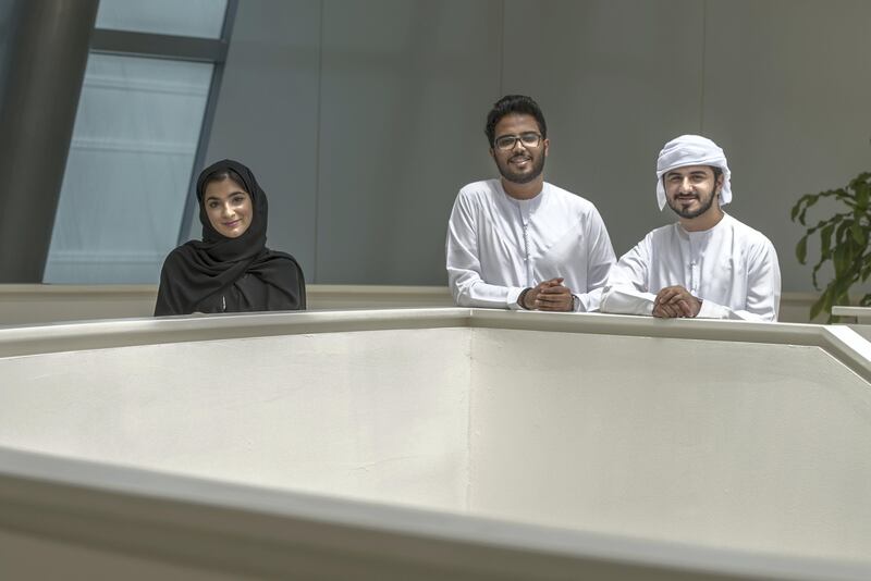 Noor Baghar Al Mazrooqi from left, Abdulaziz Ibrahim Al Sheikh,Salem Bin Beshr(right)  students of Zayed University, Abu Dhabi,UAE Vidhyaa for The National
