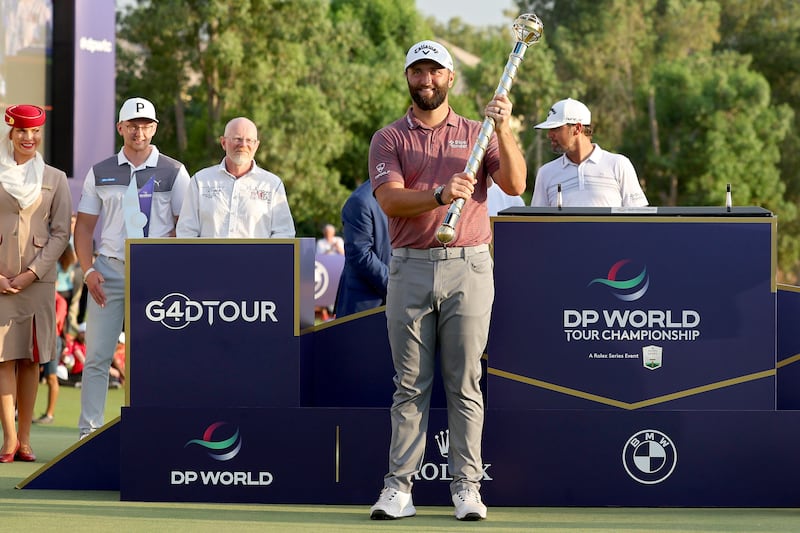 Jon Rahm celebrates after winning the DP World Tour Championship. Getty