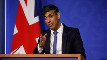 British Prime Minister Rishi Sunak speaks during a news conference on his flagship Rwanda migration policy, on Monday. EPA