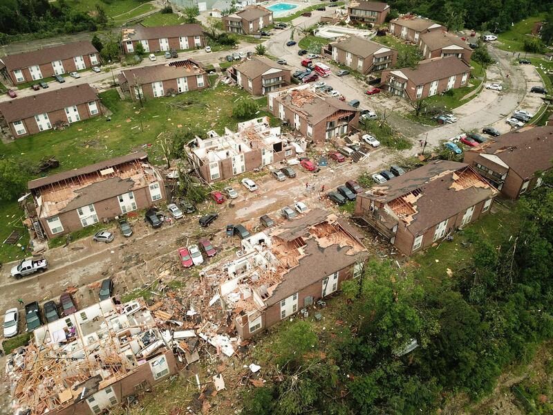 Debris from destroyed homes is shown in this aerial photo of a Jefferson City suburb. Reuters