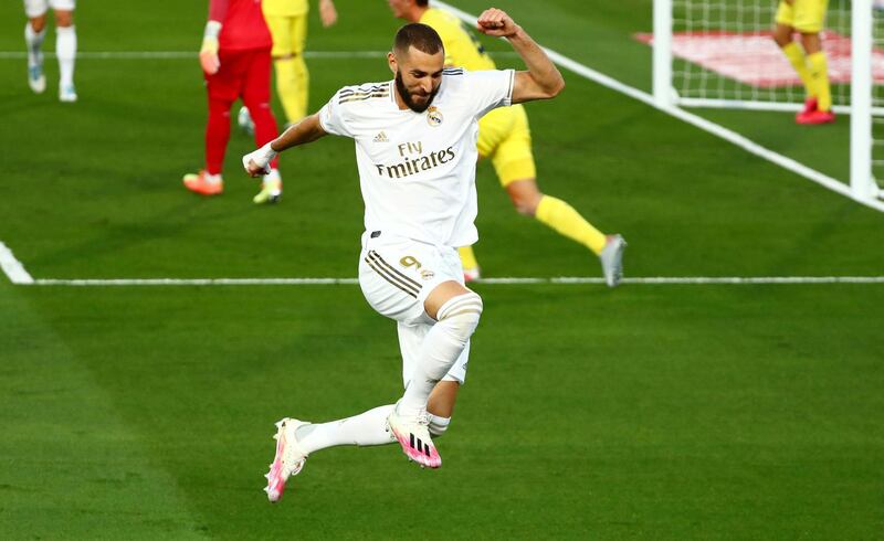 Real Madrid's Karim Benzema celebrates scoring their first goal. Reuters