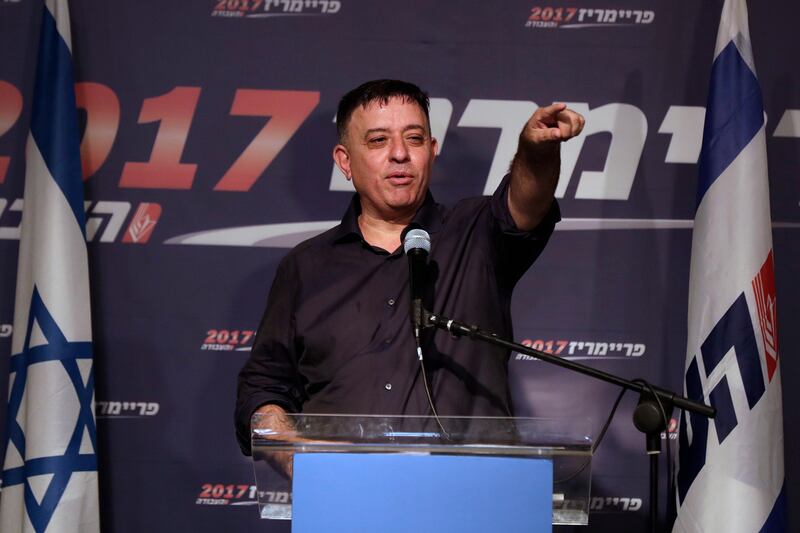 Avi Gabbay speaks to supporters following his victory in Tel Aviv, Israel, Monday, July 10, 2017. Israel's Labor Party has elected political newcomer Avi Gabbay as its new leader, placing him at the head of the opposition to Prime Minister Benjamin Netanyahu. (AP Photo/Tsafrir Abayov)