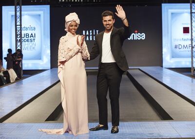 Halima Aden and Rasit Bagzibagli for Modanisa at Dubai Modest Fashion Week. Photo Mustafa Cetin