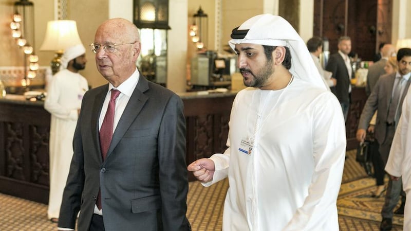 Klaus Schwab, left, founder and executive chairman World Economic Forum, and Sheikh Maktoum bin Mohammed bin Rashid, Deputy Ruler of Dubai, at the Annual Meeting of the Global Future Councils 2017. World Economic Forum / Benedikt von Loebell