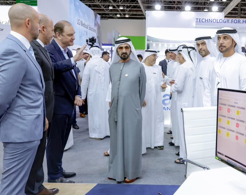 The Vice President and Ruler of Dubai tours the Arab Health Exhibition. Photo: Dubai Media Office