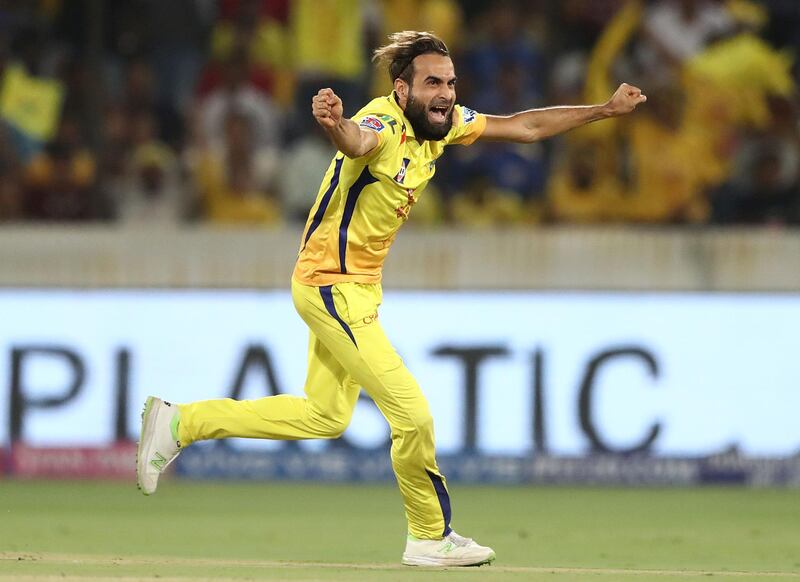 HYDERABAD, INDIA - MAY 12: Imran Tahir of the Chennai Super Kings celebrates taking the wicket of Suryakumar Yadav of the Mumbai Indians  during the Indian Premier League Final match between the the Mumbai Indians and Chennai Super Kings at Rajiv Gandhi International Cricket Stadium on May 12, 2019 in Hyderabad, India. (Photo by Robert Cianflone/Getty Images)