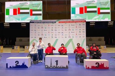 The UAE Para shooters, in red, at the awards ceremony after winning gold and bronze medals at the Para Shooting World Cup in Chateauroux on Thursday, June 9, 2022. – Dubai Club for People of Determination