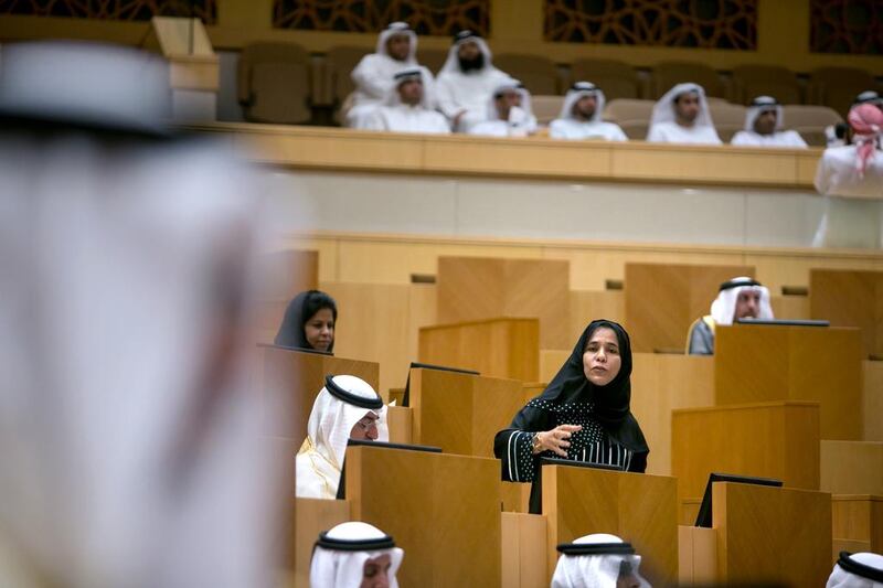 Former FNC member from Umm Al Quwain Sheikha Eissa Al Ari addresses the council during an FNC session. Silvia Razgova / The National