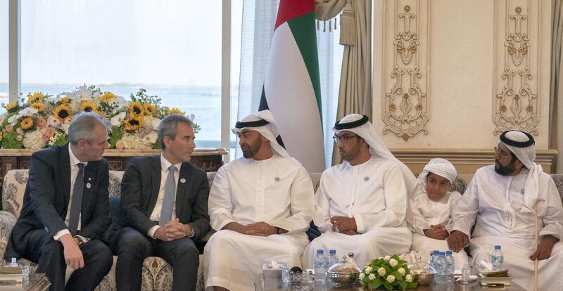 ABU DHABI, UNITED ARAB EMIRATES - October 08, 2018: HH Sheikh Mohamed bin Zayed Al Nahyan Crown Prince of Abu Dhabi Deputy Supreme Commander of the UAE Armed Forces (3rd L), receives HE Hartwig Loger, Minister of Finance of Austria (2nd L), during a Sea Palace barza. Seen with HH Sheikh Tahnoon bin Mohamed Al Nahyan, Ruler's Representative in Al Ain Region (R),HH Sheikh Tahnoon bin Mohamed bin Tahnoon Al Nahyan (2nd R) and HE Dr Sultan Ahmed Al Jaber, UAE Minister of State, Chairman of Masdar and CEO of ADNOC Group (3rd R).


( Hamad Al Kaabi / Crown Prince Court - Abu Dhabi )
---