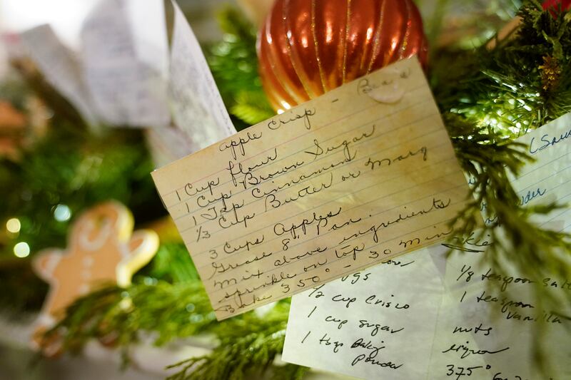 A copy of the first lady's apple crisp recipe decorates a fireplace mantel in the China Room. AP