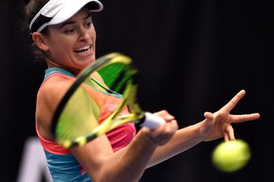 Jennifer Brady of the U.S. returns a shot during the Ostrava Open 2020 tennis tournament semifinal match against Aryna Sabalenka of Belarus in Ostrava, Czech Republic, Saturday, Oct. 24, 2020. (Jaroslav Ozana/CTK Pool via AP)