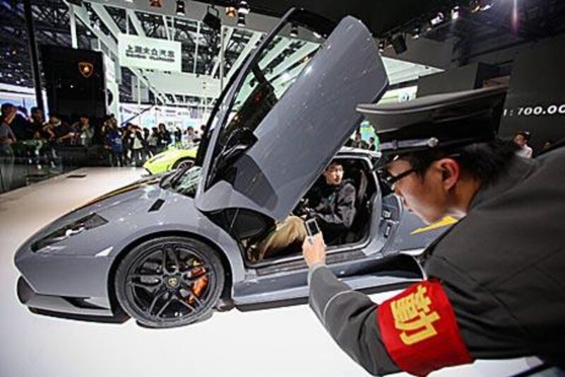 The Lamborghini Murcielago LP 670-4 Super Veloce China Limited Edition attracts attention at the Beijing Auto Show.
