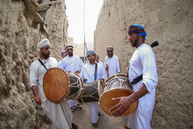 Traditional Omani musicians perform during celebrations, in Fanja.