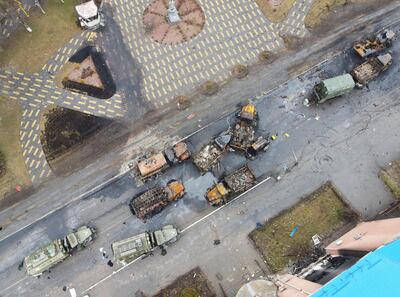 Destroyed Russian military vehicles are seen on a street in the settlement of Borodyanka, in the Kyiv region. Reuters