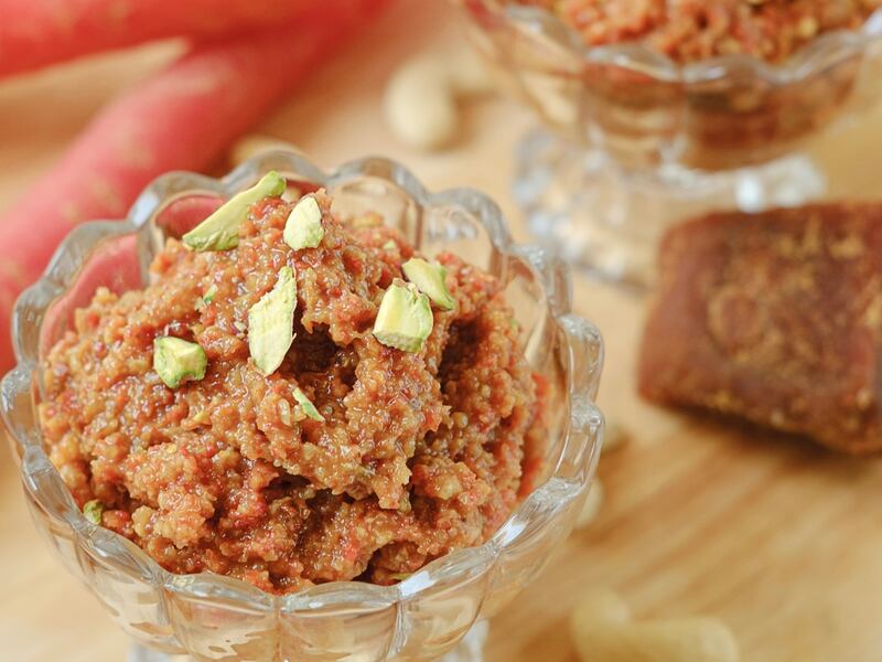 Carrot halwa with powdered jaggery and date paste. Photo: Dimple Khitri