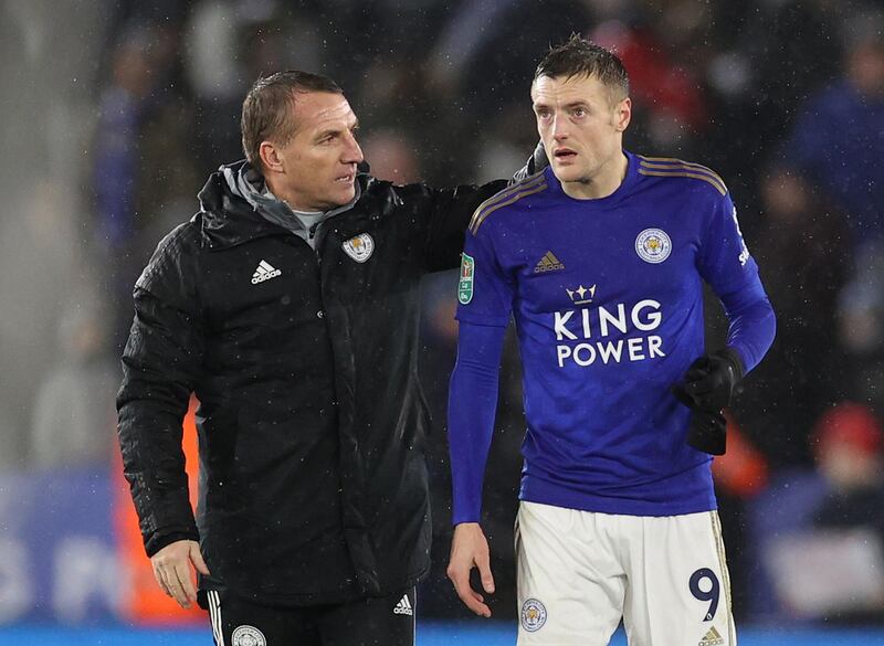 Soccer Football - Carabao Cup - Semi Final First Leg - Leicester City v Aston Villa - King Power Stadium, Leicester, Britain - January 8, 2020   Leicester City's Jamie Vardy with manager Brendan Rodgers after the match    Action Images via Reuters/Carl Recine    EDITORIAL USE ONLY. No use with unauthorized audio, video, data, fixture lists, club/league logos or "live" services. Online in-match use limited to 75 images, no video emulation. No use in betting, games or single club/league/player publications.  Please contact your account representative for further details.