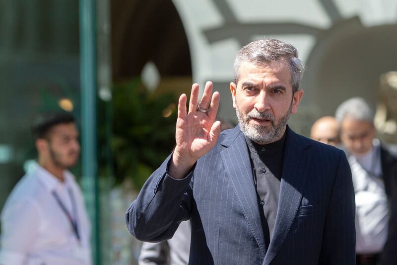 Iran's chief nuclear negotiator Ali Bagheri Kani waves after talks at the Coburg Palais in Vienna on Thursday. AFP