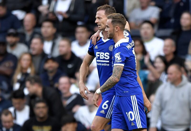 James Maddison with teammate Jonny Evans after making it 2-2. EPA