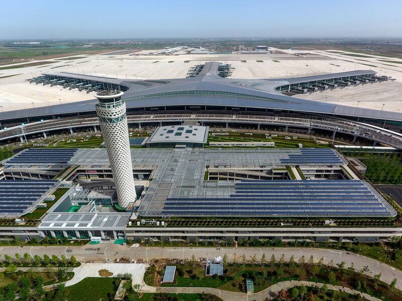 QINGDAO, CHINA - MAY 12: Aerial view of construction site of Qingdao Jiaodong International Airport on May 12, 2020 in Qingdao, Shandong Province of China. (Photo by Zhao Jianpeng/VCG via Getty Images)