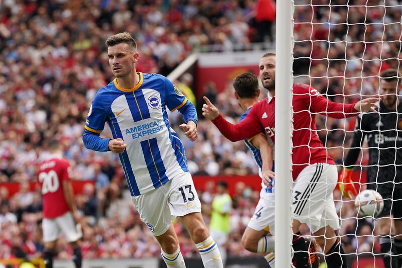 Brighton's Pascal Gross celebrates after scoring his side's opening goal. AP