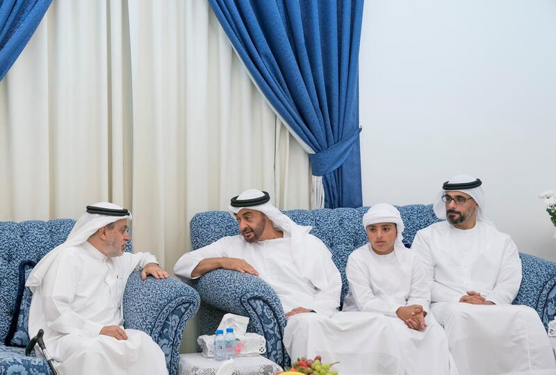 ABU DHABI, UNITED ARAB EMIRATES - October 09, 2017: HH Sheikh Mohamed bin Zayed Al Nahyan, Crown Prince of Abu Dhabi and Deputy Supreme Commander of the UAE Armed Forces (3rd R) visits the home of his former teacher, Ahmed Mandi (4th R), at Khalifa City. Seen with HH Sheikh Zayed bin Mohamed bin Hamad bin Tahnoon Al Nahyan (2nd R) and HH Major General Sheikh Khaled bin Mohamed bin Zayed Al Nahyan, Deputy National Security Adviser (R).
( Mohamed Al Hammadi / Crown Prince Court - Abu Dhabi )
---