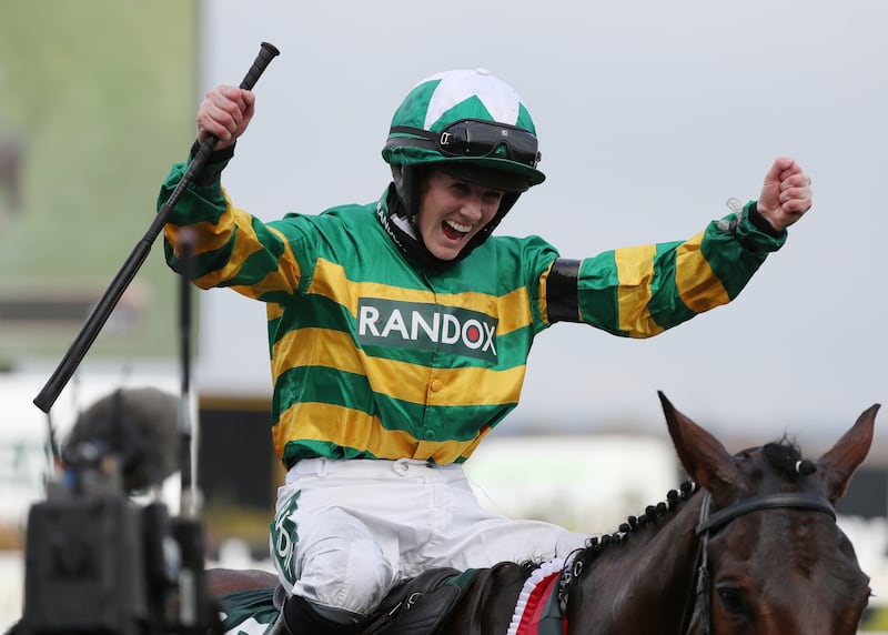 Horse Racing - Grand National Festival - Aintree Racecourse, Liverpool, Britain - April 10, 2021 Rachael Blackmore celebrates winning the Grand National riding Minella Times Pool via REUTERS/Scott Heppell