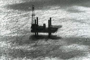 The Adma Enterprise rig off Abu Dhabi's Das Island in 1958. Oil was discovered that year.  BP Archive