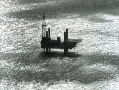 The Adma Enterprise rig off Abu Dhabi's Das Island in 1958. Oil was discovered that year.  BP Archive