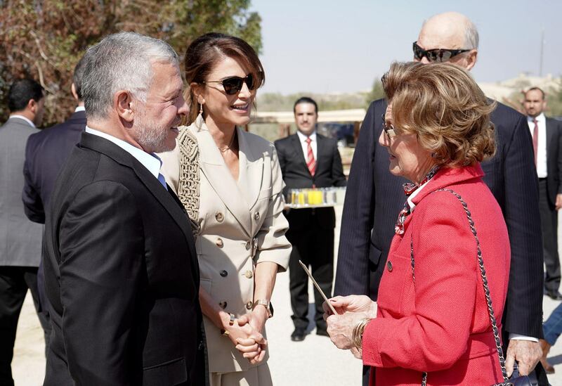 Norway's King Harald V and his wife Queen Sonja speak with Jordan's king Abdullah II and his wife Queen Rania .  REUTERS