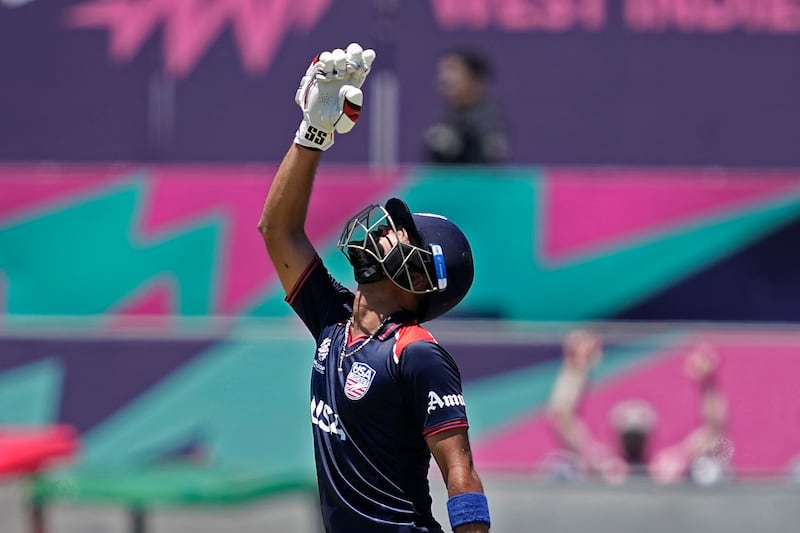 USA captain Monank Patel celebrates his fifty against Pakistan at the Grand Prairie Stadium. AP