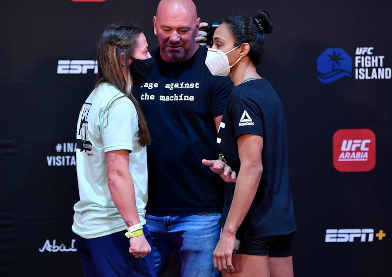 ABU DHABI, UNITED ARAB EMIRATES - JULY 14: (L-R) Opponents Molly McCann of England and Taila Santos of Brazil face off during the UFC Fight Night weigh-in inside Flash Forum on UFC Fight Island on July 14, 2020 in Yas Island, Abu Dhabi, United Arab Emirates. (Photo by Jeff Bottari/Zuffa LLC via Getty Images)