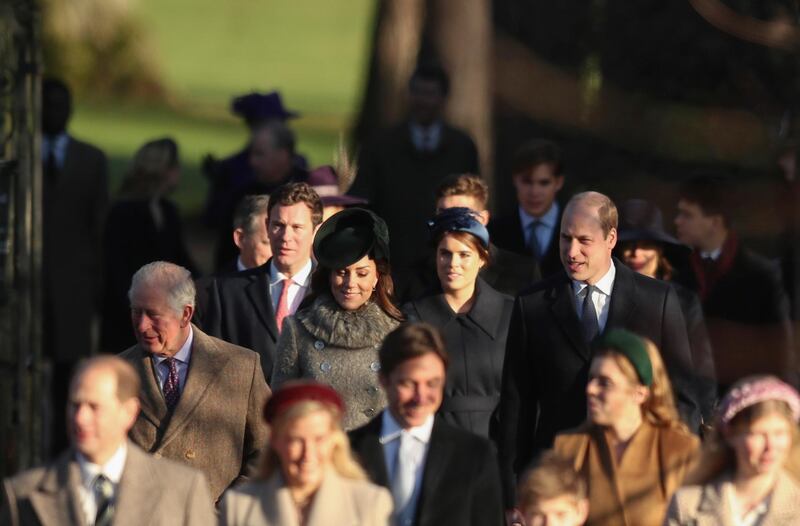 Britain's Prince Charles, second left, arrives with Britain's Princess Eugenie and her husband Jack Brooksbank, Britain's Prince William and Catherine, Duchess of Cambridge, centre row, to attend the Christmas day service. AP