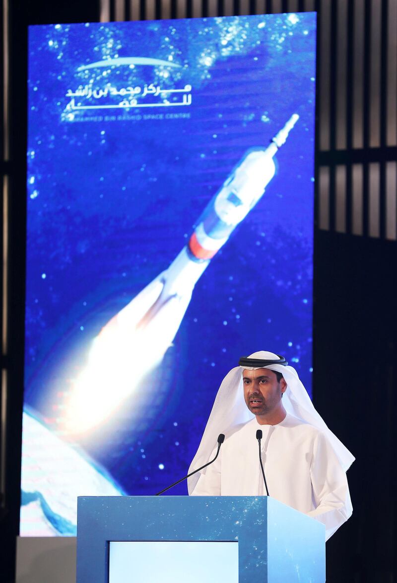 DUBAI ,  UNITED ARAB EMIRATES , AUGUST 26 – 2019 :- Yousuf Al Shaibani , Director General , MBRSC speaking during the press conference about the progress of UAE astronauts held at the Armani Hotel in Dubai. ( Pawan Singh / The National ) For News. Story by Patrick
