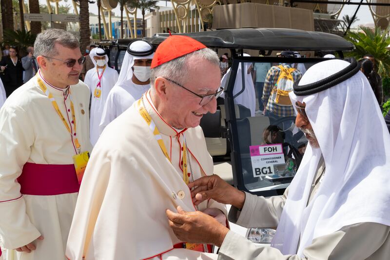 Cardinal Pietro Parolin, Vatican Secretary of State, greets Sheikh Nahyan bin Mubarak (R), Minister of Tolerance and Coexistence, also commissioner general of Expo 2020 Dubai, outside the UAE pavilion on Holy See Country Day. All photos: Expo 2020 Dubai