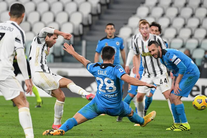 Juventus' Italian forward Federico Chiesa shoots at goal. AFP