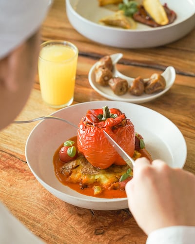 Vegan-friendly bell pepper stuffed with rice, mushrooms and served with agria potato. Photo: Planet Terra