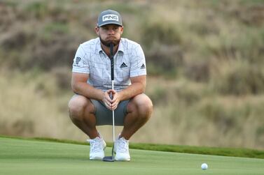 ABU DHABI, UNITED ARAB EMIRATES - JANUARY 19:   Tyrrell Hatton of England  lines up a putt during a practice round prior to the Abu Dhabi HSBC Championship at Yas Links Golf Course on January 19, 2022 in Abu Dhabi, United Arab Emirates. (Photo by Francois Nel / Getty Images)