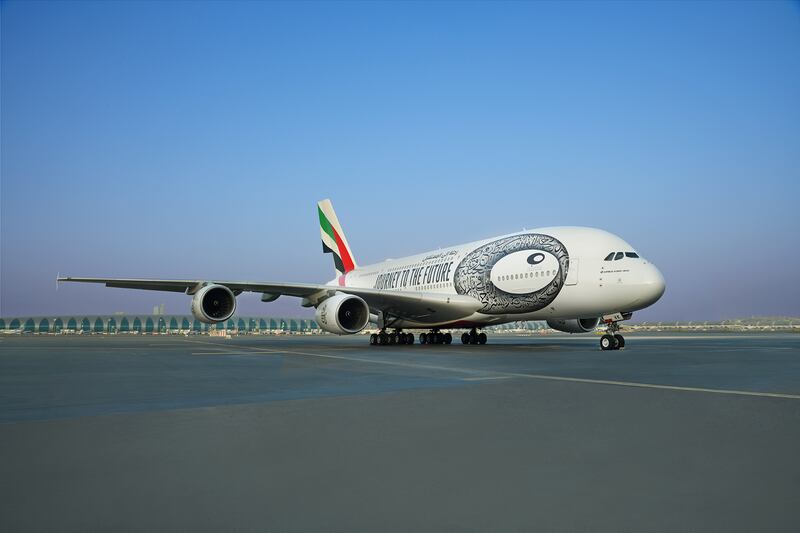 A custom A380 livery dedicated to Dubai’s Museum of the Future. Photo: Emirates