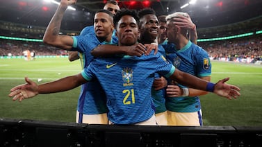 Brazil's Endrick celebrates scoring their winner with Vinicius Junior and teammates. Reuters