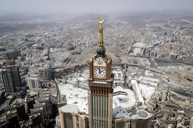 An aerial view shows the Makkah Royal Clock Tower, part of the Abraj Al-Bait tower and the Grand Mosque compound, which is 601 metres tall and has 120 floors. It is currently the third tallest building in the world. Mast Irham / EPA