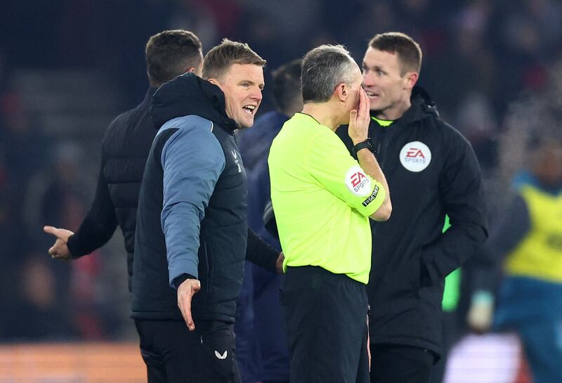 Newcastle manager Eddie Howe remonstrates with the fourth official after the goal was disallowed. Reuters