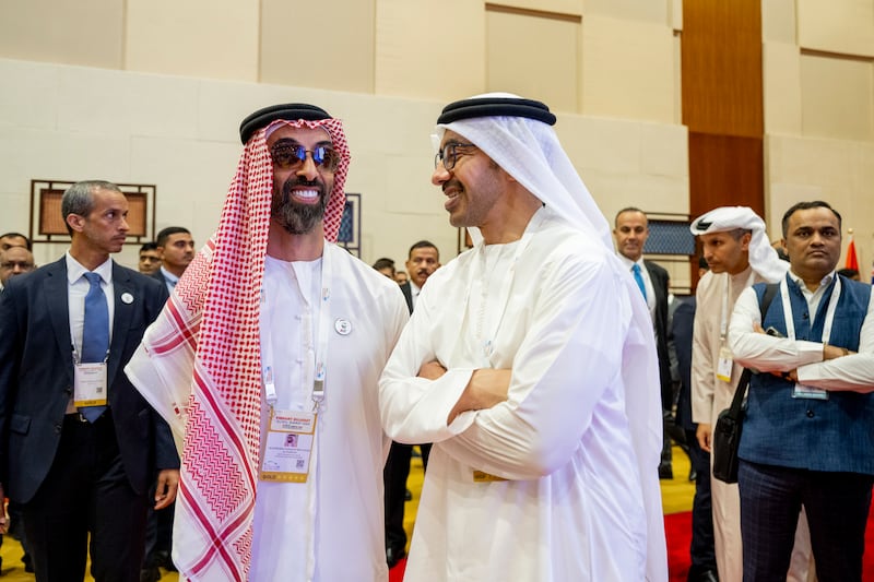 Sheikh Tahnoun bin Zayed, National Security Adviser and Deputy Ruler of Abu Dhabi, and Sheikh Abdullah bin Zayed on the sidelines of the summit.  Photo: Mohamed Al Hammadi / UAE Presidential Court