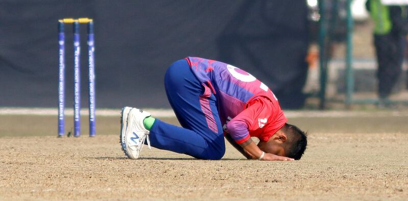 Sandeep Lamichhane of Nepal celebrates fifth wicket during the ICC Cricket World Cup League 2 match between Nepal and USA at TU Cricket Stadium on 12 Feb 2020 in Nepal