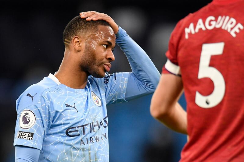 Manchester City's Raheem Sterling reacts during match against Manchester United at the Etihad Stadium. AP