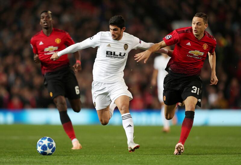 FILE PHOTO: Soccer Football - Champions League - Group Stage - Group H - Manchester United v Valencia - Old Trafford, Manchester, Britain - October 2, 2018  Valencia's Goncalo Guedes in action with Manchester United's Nemanja Matic                Action Images via Reuters/Lee Smith/File Photo