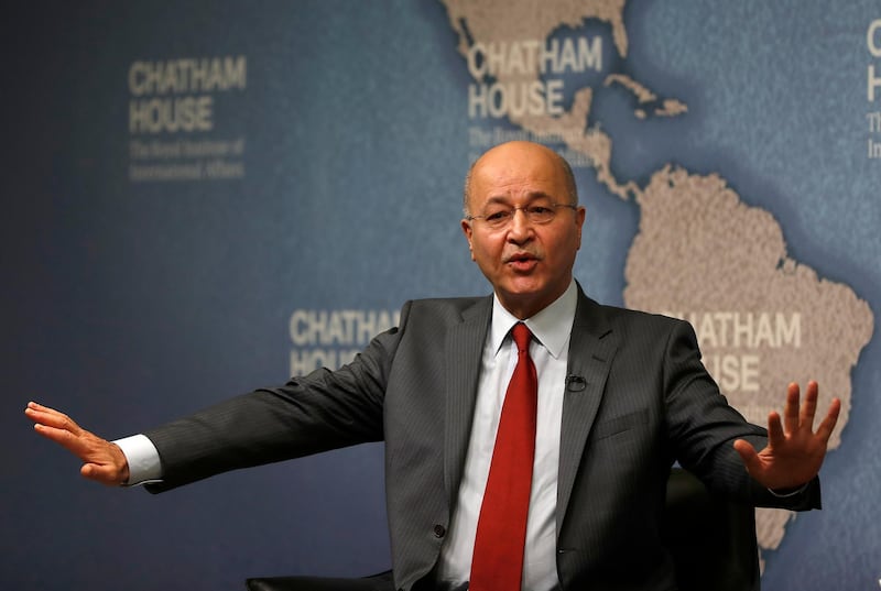 President of Iraq Barham Salih, speaks at The Royal Institute of International Affairs in London, Wednesday, June 26, 2019. President Salih outlines Iraq's role in the region amidst tensions in the Middle East. (AP Photo/Frank Augstein)