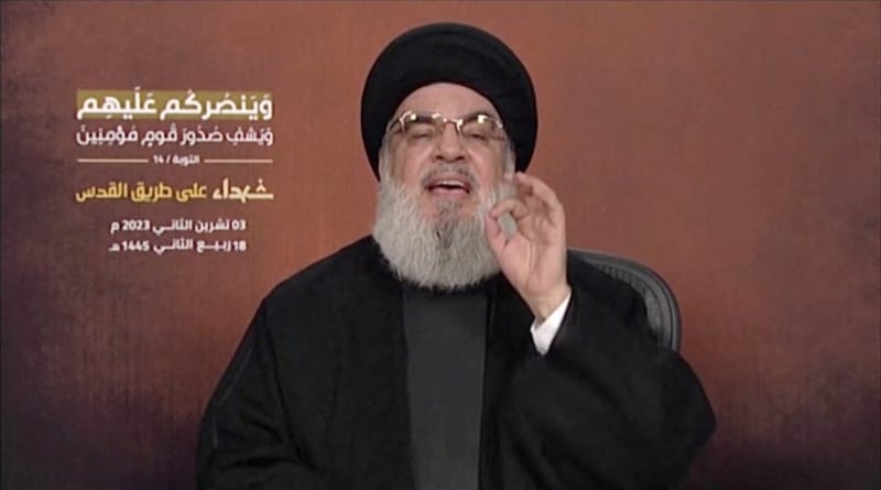 Hezbollah leader Hassan Nasrallah delivers his first address since the start of the Israel-Gaza war on October 7, from an unspecified location in Lebanon. Reuters