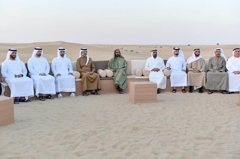 Sheikh Mohammed bin Rashid, Vice President and Ruler of Dubai, launches the Marmoom Desert Conservation Reserve. Pictured with Sheikh Maktoum bin Mohammed, Deputy Ruler of Dubai; Sheikh Ahmed bin Saeed, Chairman of Dubai Civil Aviation Authority and Chief Executive of Emirates Group; Sheikh Mansoor bin Mohammed; Mohammad Al Gergawi, Chairman of the Executive Office of Sheikh Mohammed bin Rashid. Wam