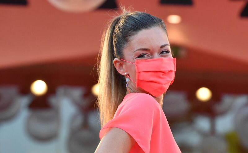 A close up of Italian dancer and actress Alice Bellagamba's matching face mask. AFP