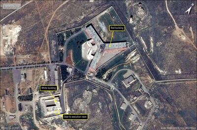 A handout satellite image released by The French national Space study centre (CNES) and the ASTRIUM, the aerospace maufacture subsiduary of the European Aeronautic Defence and Space Company (EADS) and received from Amnesty International on February 7, 2017 by shows the military-run Saydnaya prison, one of Syria's largest detention centres located 30 kilometres (18 miles) north of Damascus.


The United States on May 15, 2017 accused Syria of building a prison crematorium to destroy the remains of thousands of murdered detainees, putting pressure on Russia to rein in its ally. Warning Moscow it should not turn a blind eye to Bashar al-Assad's crimes, the State Department released satellite images that it said backed up reports of mass killings at the Syrian jail.


 / AFP PHOTO / AFP / Handout